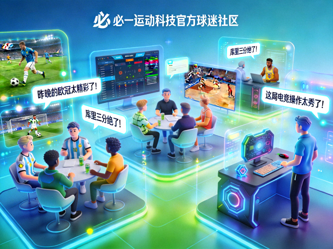 必一运动科技官方球迷社区内，用户热烈讨论足球、篮球、电竞赛事的虚拟场景