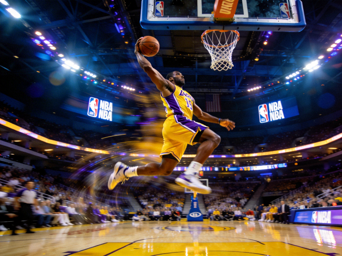 篮球运动员在NBA赛场上高高跃起扣篮的震撼画面